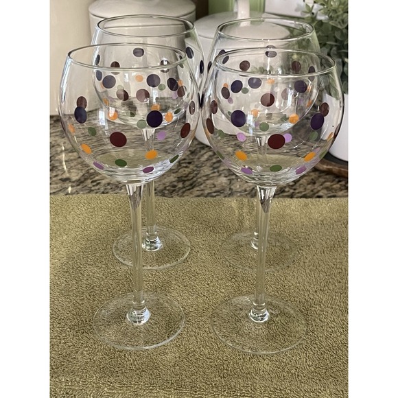 Pampered Chef - Set of 4 Wine Glasses - Bubble Balloon Clear Glass, Colored Dots - Picture 2 of 4